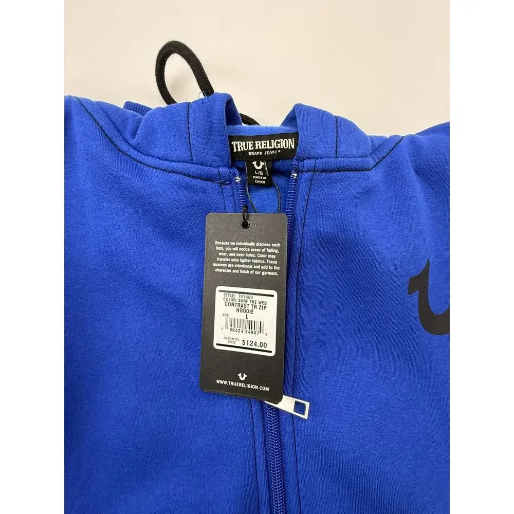 TRUE RELIGION MEN'S CONTRAST W/ BUDHA BACK DESIGN ZIP HOODIE BLUE SZ L NWT